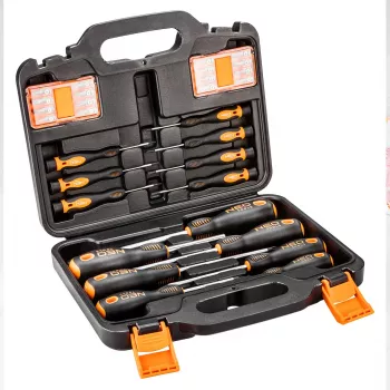 NEO TOOLS 30 daļu skrūvgriežu un uzgaļu komplekts ar 7 skrūvgriežiem, 22 uzgaļiem, magnētiskiem galiem un statīvu
