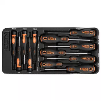 NEO TOOLS 12 daļu precīzijas un standarta skrūvgriežu komplekts ar PZ, TX, plakanais, Phillips, magnētiskie gali, hroma-vanādija tērauds, divkomponentu rokturi, uzglabāšanas paliktnis