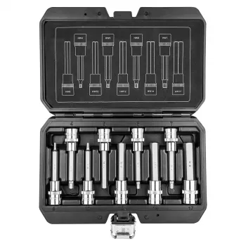 NEO TOOLS TOP-08-706 9 daļu 1/2 inch piedziņas sešstūra uzgriežņu atslēgu komplekts ar 100 mm gariem uzgaļiem, izmēri H5-H19, hrom-vanādija un S2 tērauds