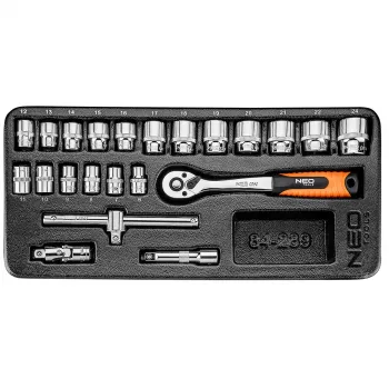 NEO TOOLS 3/8 inch piedziņas 22 daļu uzgriežņu atslēgu komplekts ar EVA paliktni, hroma-vanādija tērauds, 6-22 mm, 72 zobu ātrās atbrīvošanas sprūdrats, pagarinājumi, universālais savienojums, aizdedzes sveču uzgriežņu atslēgas