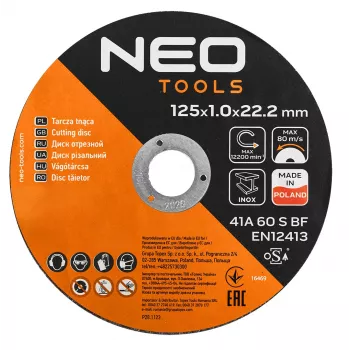 NEO TOOLS Metāla griešanas diski 41A 60 S BF - 125x1.0x22.23 mm TĒRAUDAM/NERŪDĒJOŠAM TĒRAUDAM, 100 gab. spainī
