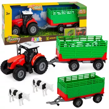 LEAN TOYS Traktors ar piekabi dzīvnieku pārvadāšanai - govju figūriņas, gaismas un skaņas, 4 gab.