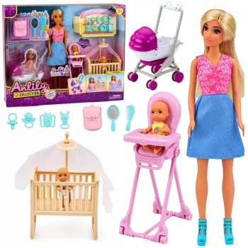 LEAN TOYS Anlily Mamma un dvīņu bērniņu leļļu komplekts ar aksesuāriem