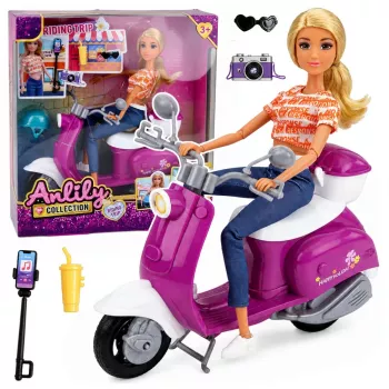 LEAN TOYS Anlily Traveler lelle ar skrejriteni, brillēm, telefona turētāju un aksesuāriem