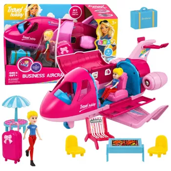 LEAN TOYS Salokāmā lidmašīna lellēm ceļojumu komplekts - rozā, 9 daļas