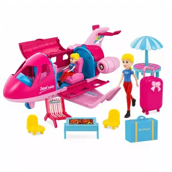 LEAN TOYS Salokāmā lidmašīna lellēm ceļojumu komplekts - rozā, 9 daļas