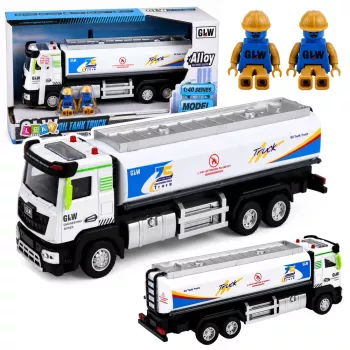 LEAN TOYS Metāla cisternas kravas auto ar berzes piedziņu, gaismām un skaņām, zils un balts, mērogs 1:40
