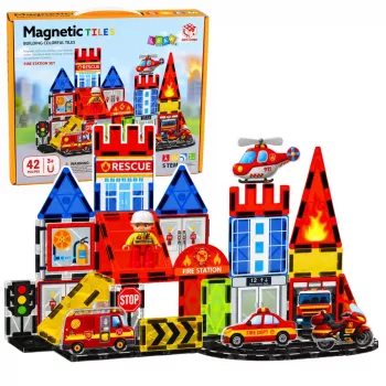 LEAN TOYS magnētiskie konstruktora bloki Ugunsdzēsēju stacija 42 gab.