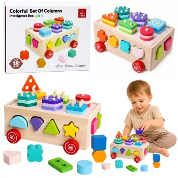 LEAN TOYS Koka Montessori izglītojošais šķirotājs uz riteņiem Formas un Cipari
