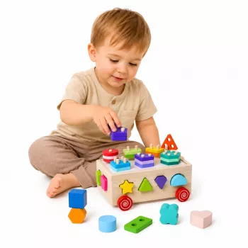 LEAN TOYS Koka Montessori izglītojošais šķirotājs uz riteņiem Formas un Cipari