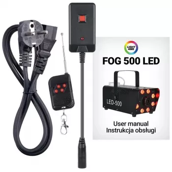 LIGHT4ME FOG 500 LED dūmu ģenerators, 500 W, RGB LED, 0,5 L tvertne, vadu tālvadības pults