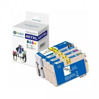 G&G saderīgas 4 pakas augstas ietilpības tintes kasetnes Epson 407XL (melnā, ciāna, fuksīna, dzeltenā)