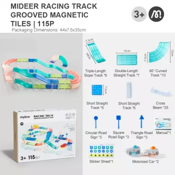 Mideer MD6395 Magnētiskā sacīkšu trases komplekts ar 2 mašīnām, 115 daļas, 3+ gadi