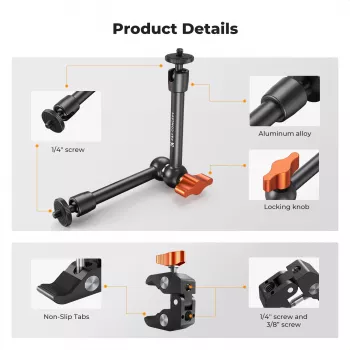 KF Magic Arm + Super Clamp montāžas komplekts ar 1/4 collu un 3/8 collu vītnēm, 15-55mm žokli, melns
