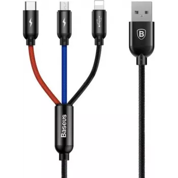 Baseus Primary Colors 3-in-1 USB 2.0 Type A uz Micro, USB-C un Lightning kabelis 30cm Melns/Sarkans/Zils