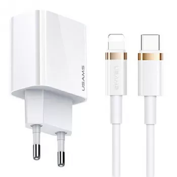 USAMS T34 20W USB-C PD sienas lādētājs ar U63 USB-C uz Lightning kabeli komplektā - balts