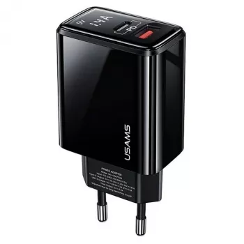 USAMS 20W divu portu USB-C PD3.0 + USB-A QC3.0 sienas lādētājs (EU spraudnis, melns)