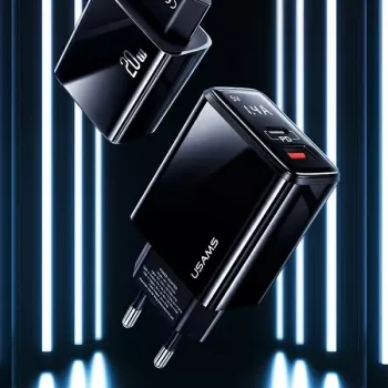 USAMS 20W divu portu USB-C PD3.0 + USB-A QC3.0 sienas lādētājs (EU spraudnis, melns)