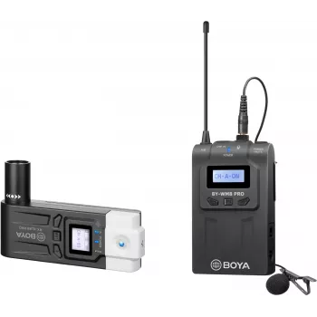 BOYA BY-WM8 Pro-K7 divu kanālu UHF bezvadu lavaliera mikrofona sistēma ar 48 kanāliem, 100 m darbības rādiusu un kamerai piestiprināmu uztvērēju (568-590 MHz)