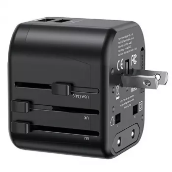USAMS T55 universālais ceļojumu lādētājs 2xUSB 12W US/AU/EU/UK melns CC173TC01