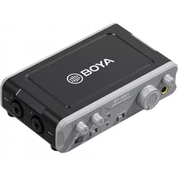 BOYA BY-AM1 2 kanālu USB-C audio interfeiss ar XLR/TRS ieejām, +48V fantoma barošanu un tiešo monitoringu