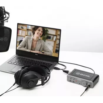 BOYA BY-AM1 2 kanālu USB-C audio interfeiss ar XLR/TRS ieejām, +48V fantoma barošanu un tiešo monitoringu