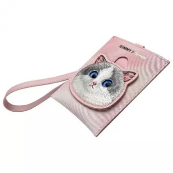 NIMMY Big Eyed Pet 2.0 Cat Pink PU ādas kartīšu turētājs maks ar 6 kartīšu slotiem, monētu kabatiņu un rāvējslēdzēju