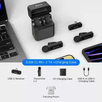 BOYA BY-V30 bezvadu lavaliera mikrofons USB-C ierīcēm, 2.4GHz, 50m darbības rādiuss, 9 stundu akumulators, trokšņu slāpēšana, melns