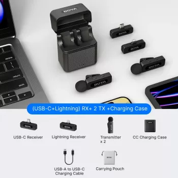 BOYA BY-V3 Combo 2.4GHz bezvadu mikrofonu sistēma ar 2 raidītājiem un 2 uztvērējiem (Lightning un USB-C) - Melna