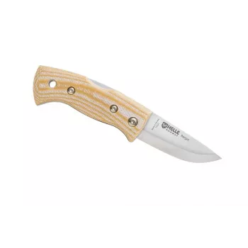 Helle Berget fiksētais nazis, 100 mm Sandvik 12C27 nerūsējošā tērauda drop point asmens, bēšs canvas micarta rokturis, pilns tangs, ādas apvalks, 220 mm kopējais garums