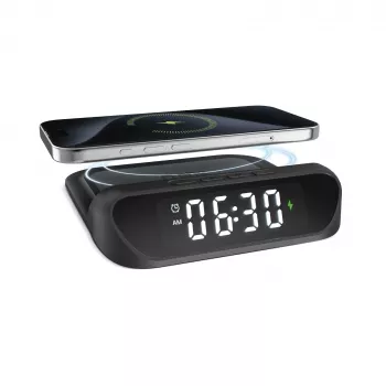 SBS TEWIRCLOCK bezvadu lādētāja modinātājpulkstenis ar Qi 10W ātro uzlādi, LED displeju, USB-C ieeju, melns