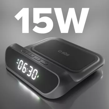 SBS TEWIRCLOCK bezvadu lādētāja modinātājpulkstenis ar Qi 10W ātro uzlādi, LED displeju, USB-C ieeju, melns