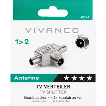 Vivanco ekranēts 2 virzienu TV antenas sadalītājs, koaksiālā ligzda uz 2 spraudņiem (VVANSHILD2M1F)