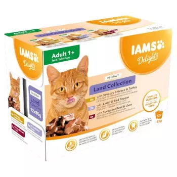EUKANUBA IAMS DELIGHTS Land Collection mīkstā kaķu barība mērcē, 12 x 85g maisiņi, pieaugušiem kaķiem, vista, jērs un tītars