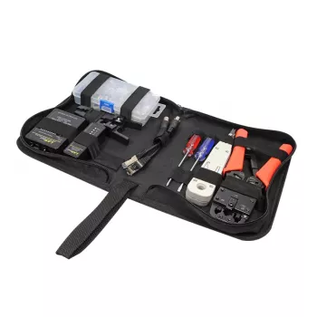 DSIT DC-TOOLSET-PRO Profesionālais tīkla instrumentu komplekts ar krimpētāju, testeri, punch down instrumentu, knaiblēm, skrūvgriežiem, savienotājiem un rāvējslēdzēja somu