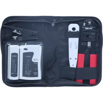 DSIT 9 daļu tīkla instalācijas un remonta instrumentu komplekts ar RJ45 krimpēšanas knaiblēm, kabeļu testeri, punch down instrumentu un rāvējslēdzēja somu (DC-TOOLSET)
