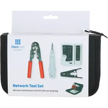 DSIT 9 daļu tīkla instalācijas un remonta instrumentu komplekts ar RJ45 krimpēšanas knaiblēm, kabeļu testeri, punch down instrumentu un rāvējslēdzēja somu (DC-TOOLSET)