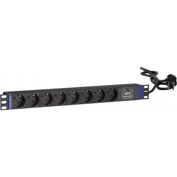 DSIT 19 collu Rack Mount strāvas sadalītājs ar 8 ligzdām un aizsardzību pret pārspriegumu, 2m kabelis, 16A, 1U, melns