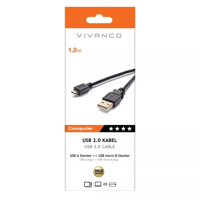 Vivanco VVITUSBAMICB10MK USB 2.0 Type-A uz Micro-B kabelis, 1 m, melns
