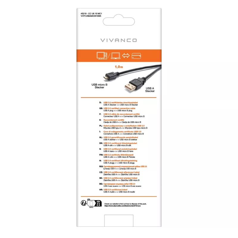 Vivanco VVITUSBAMICB10MK USB 2.0 Type-A uz Micro-B kabelis, 1 m, melns