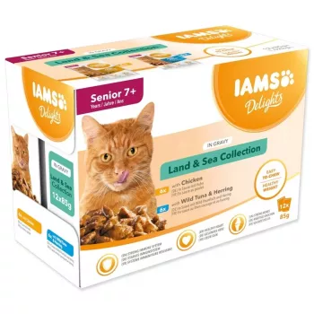 IAMS Delights Senior Land & Sea kolekcija mērcē – mitrā kaķu barība – 12x85g