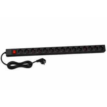 DSIT DS-15PDU 15 kontaktligzdu vertikālais plaukta strāvas sadalītājs, 230V 16A, Schuko kontaktligzdas, 2m kabelis, melns