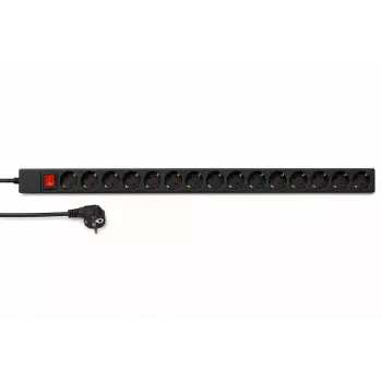 DSIT DS-15PDU 15 kontaktligzdu vertikālais plaukta strāvas sadalītājs, 230V 16A, Schuko kontaktligzdas, 2m kabelis, melns