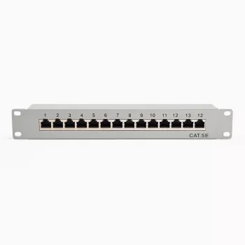 DSIT 10 collu 12 portu Cat5e STP sadales panelis – 1U stiprinājums, ekranēts RJ45, melns