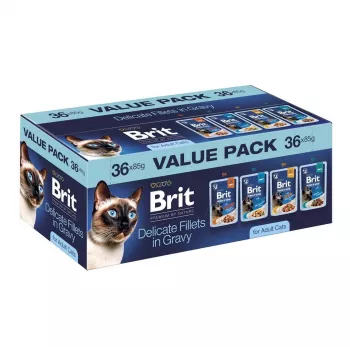 Brit Delicate Fillets in Gravy pieaugušiem kaķiem - asorti gaļa un zivs, 36 x 85 g maisiņi