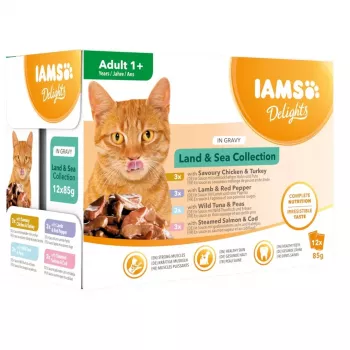 EUKANUBA IAMS DELIGHTS Land & Sea Collection mitēs kaķu barība – 12x85g paciņas (Lasītis un menca, vista un tītars, jērs un sarkanā paprika)