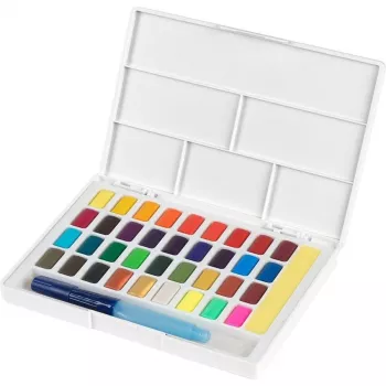 Faber-Castell Creative Studio akvareļu krāsu komplekts, 36 krāsas cietajās pannās ar otu un sūkli, maisīšanas palete vākā, studentu līmenis, caurspīdīgs, uzpildāms, pārnēsājama plastmasas kastīte