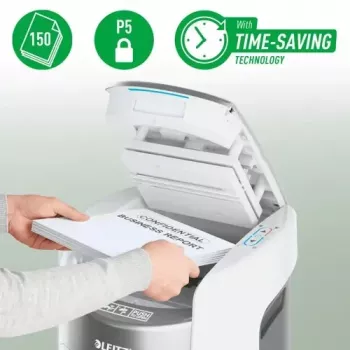 Leitz IQ Optimax AutoFeed 150 dokumentu smalcinātājs, P-5, 150 lapas, 15 L tvertne