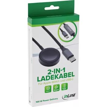 InLine® 2-in-1 uzlādes kabelis Apple Watch + USB-C, 100 W, USB 2.0, 1,2 m