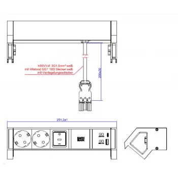 Bachmann DESK2 baltais galda barošanas modulis ar 2 Schuko kontaktligzdām un USB-A/C 22W, 0,2m GST18
